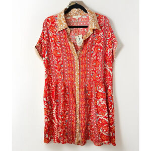 Easel Los Angeles Red Boho Floral Shirt Dress With Pockets Size Large